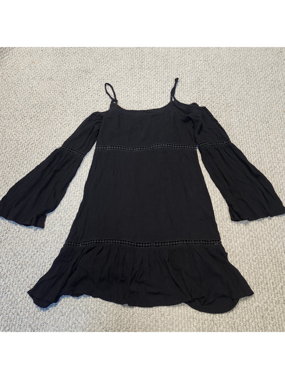 Patrons of Peace Black Cold Shoulder Dress with Bell Sleeves Size S